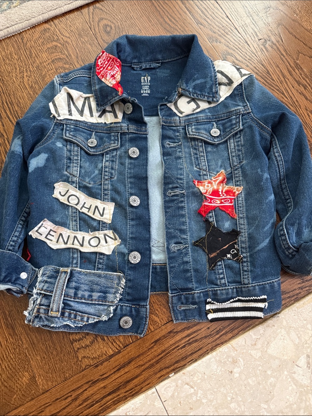 GAP Kids Blue Denim Jacket with Red & Black Star Patches-Beatles Theme